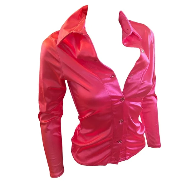 Deviations Vintage Hot Pink Barbie Top Button Down  Small Rare Crystal Bead - Picture 6 of 13